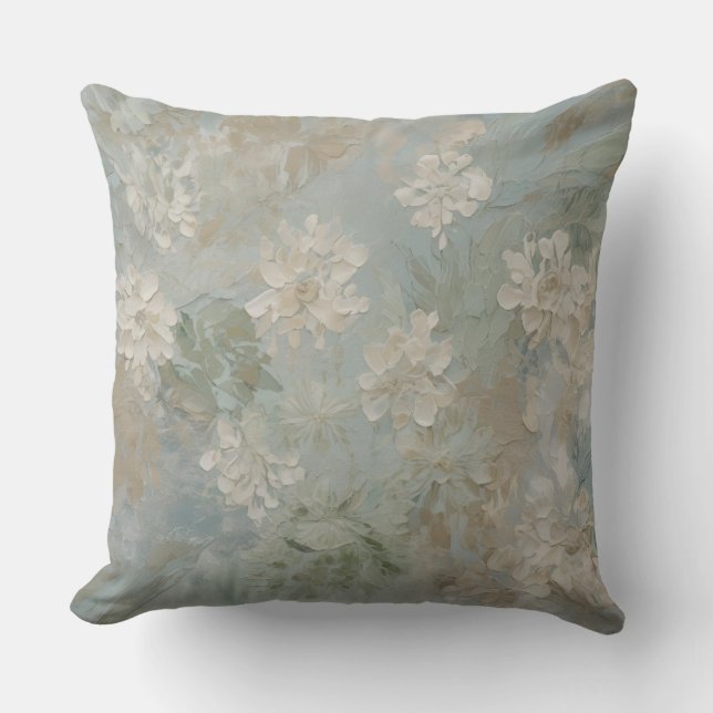 Teal Blue Sage Green Beige Floral Cushion (Front)
