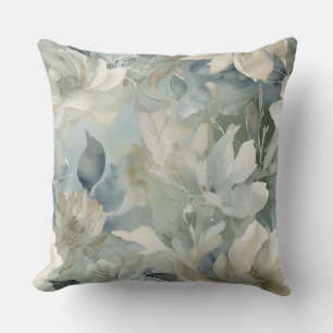 Teal Blue Sage Green Beige Watercolor Floral Cushion