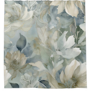 Teal Blue Sage Green Beige Watercolor Floral Shower Curtain