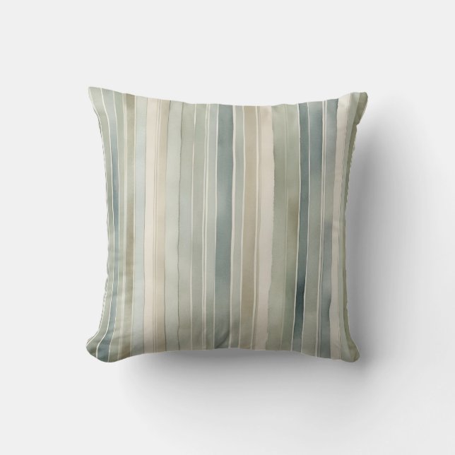 Teal Blue Sage Green Cream Distressed Stripe 16" Cushion (Front)