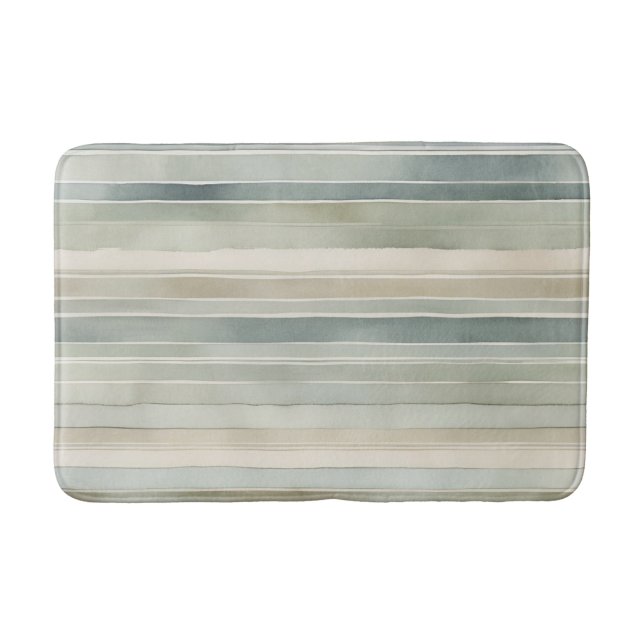 Teal Blue Sage Green Cream Distressed Stripe Bath Mat (Front)