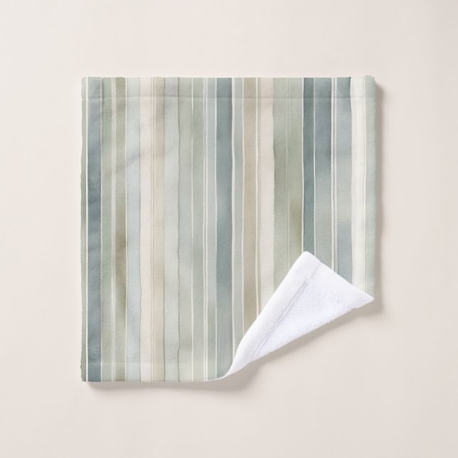 Teal Blue Sage Green Cream Distressed Stripe Bath Towel Set (Wash Cloth)