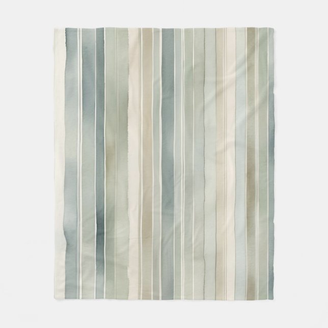 Teal Blue Sage Green Cream Distressed Stripe Fleece Blanket (Front)