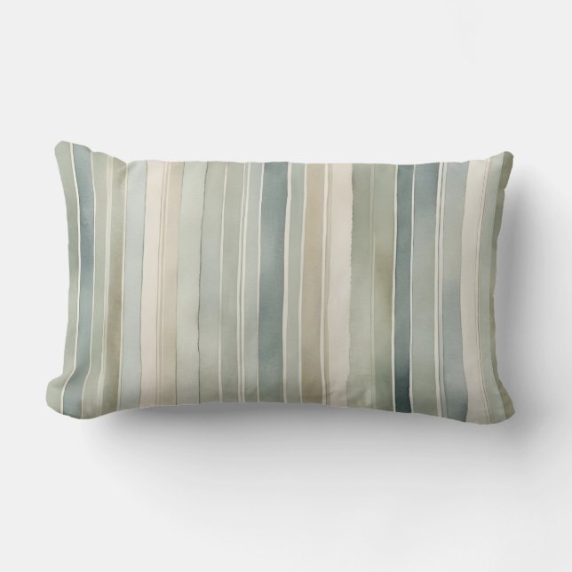Teal Blue Sage Green Cream Distressed Stripe Lumbar Cushion (Front)