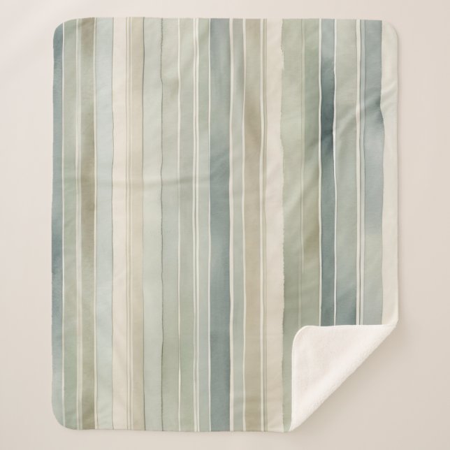 Teal Blue Sage Green Cream Distressed Stripe Sherpa Blanket (Front)