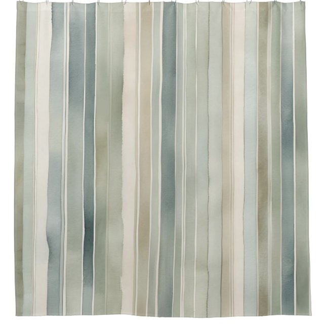 Teal Blue Sage Green Cream Distressed Stripe Shower Curtain (Front)