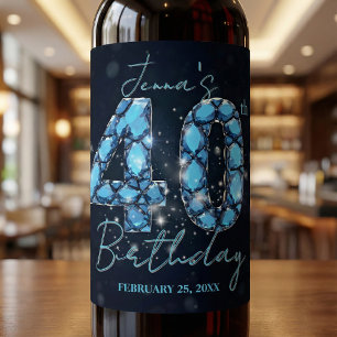 Teal Blue Sapphire Gemstone Glam 40th Birthday  Wine Label