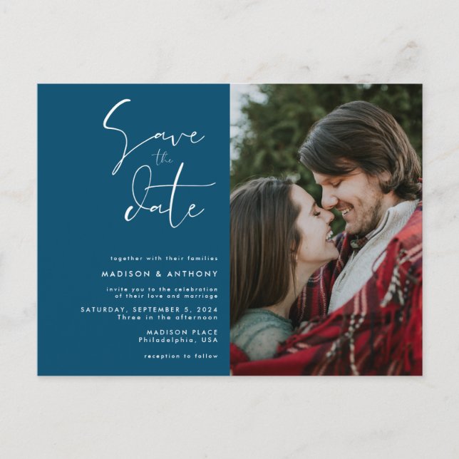 Teal Blue Save the Date Minimalist Wedding Photo Invitation Postcard (Front)