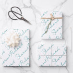 Teal blue script calligraphy names wedding wrapping paper sheet<br><div class="desc">Make your wedding extra special with our teal blue script calligraphy Wrapping Paper Sheets. You can personalise them with your names, and you have the option to adjust the text size if they take up more or less space than the default size. This will guarantee that your names will look...</div>