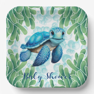 Teal Blue Sea Turtle Boy Baby Shower Paper Plate