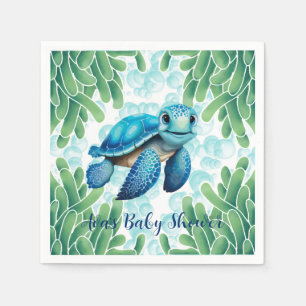 Teal Blue Sea Turtle Seaweed Boy Baby Shower Napkin