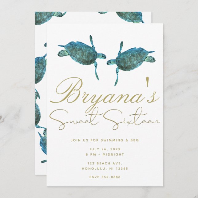 Teal Blue Sea Turtles Beach Gold Sweet 16 Party Invitation (Front/Back)