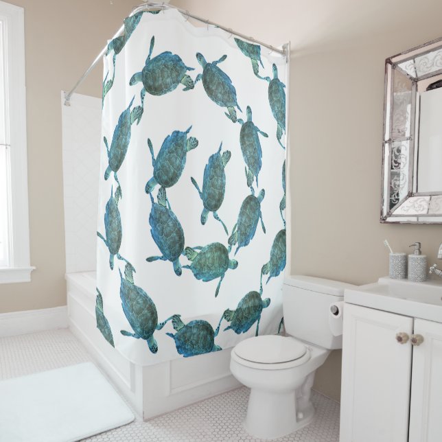 Teal Blue Sea Turtles Ocean Elegant Beach Shower Curtain (In Situ)