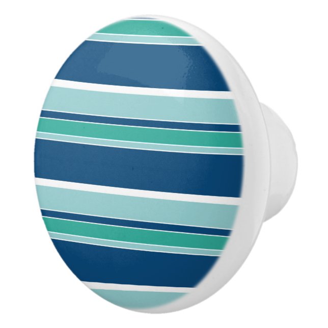 Teal Blue Seafoam Green White Stripes Pattern Ceramic Knob (Right)