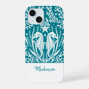 Teal Blue Seahorses Personalised iPhone 15 Case
