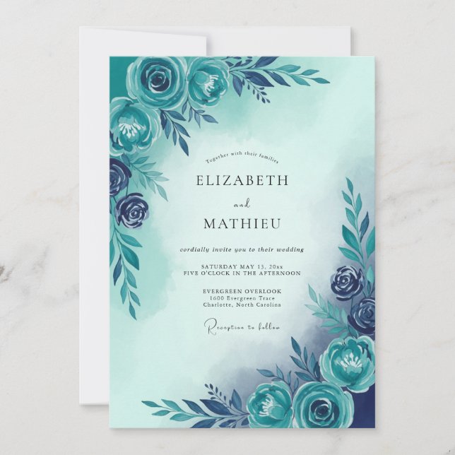 Teal Blue Serene Botanical Wedding Invitation (Front)