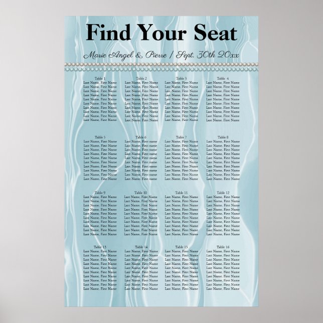 Teal Blue Silk with White Pearls Seating Chart (Front)