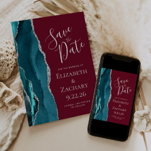 Teal Blue Silver Agate Burgundy Save the Date Card