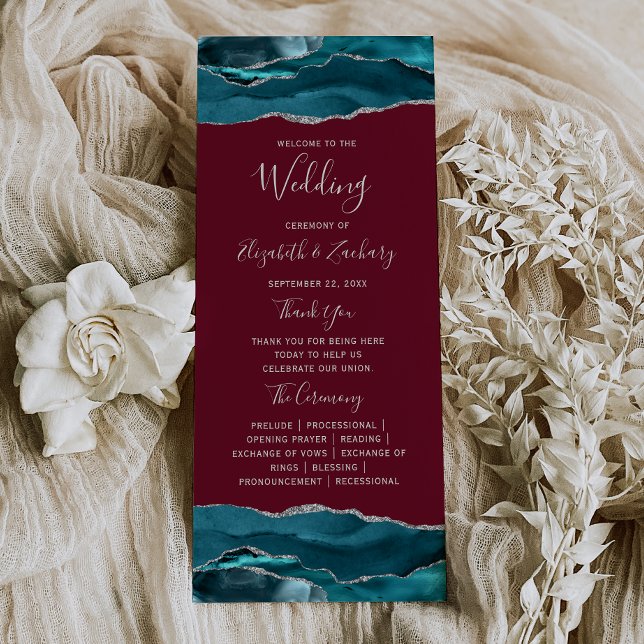 Teal Blue Silver Agate Burgundy Wedding Program (Creator Uploaded)