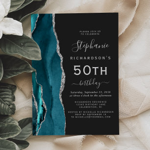 Teal Blue Silver Agate Dark 50th Birthday Invitation