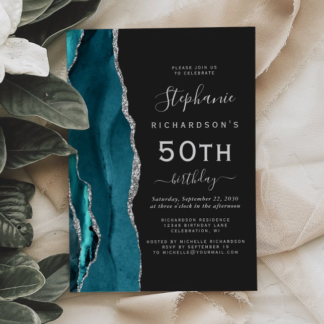 Teal Blue Silver Agate Dark 50th Birthday Invitation (Creator Uploaded)