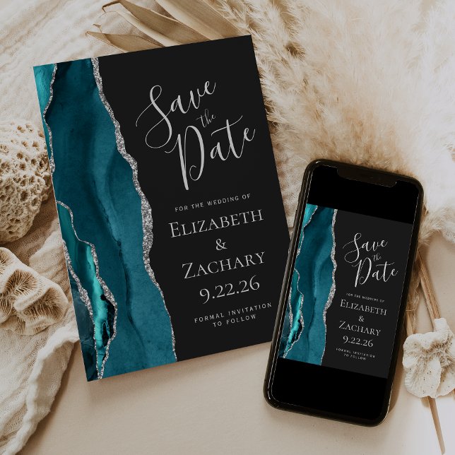 Teal Blue Silver Agate Dark Save the Date Card (Creator Uploaded)