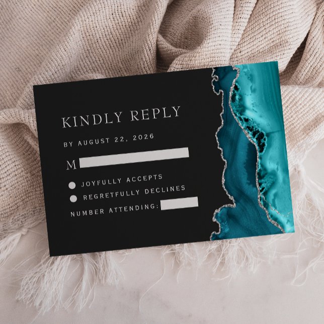 Teal Blue Silver Agate Dark Wedding RSVP Card (Creator Uploaded)