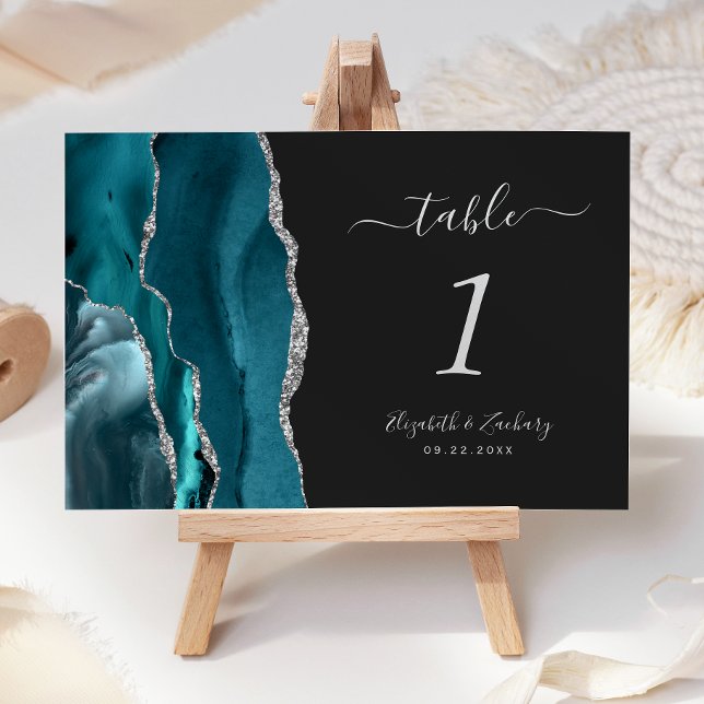 Teal Blue Silver Agate Dark Wedding Table Number (Creator Uploaded)