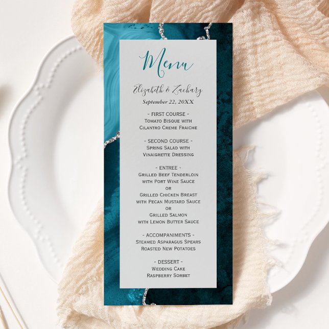 Teal Blue Silver Agate Grey Wedding Menu (Creator Uploaded)