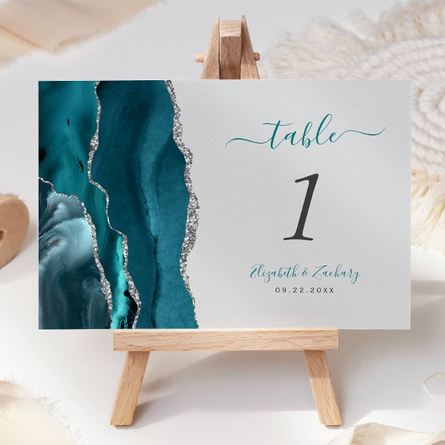 Teal Blue Silver Agate Grey Wedding Table Number (Creator Uploaded)