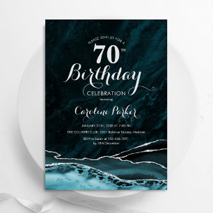 Teal Blue Silver Agate Marble 70th Birthday Invitation