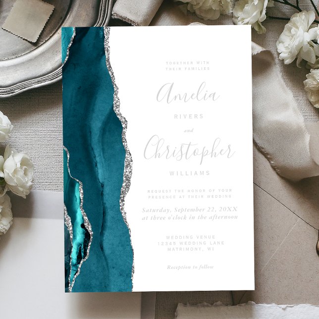 Teal Blue Silver Agate Modern Script Wedding (Creator Uploaded)