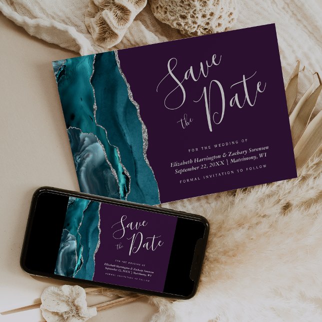 Teal Blue Silver Agate Purple Save the Date Card (Creator Uploaded)