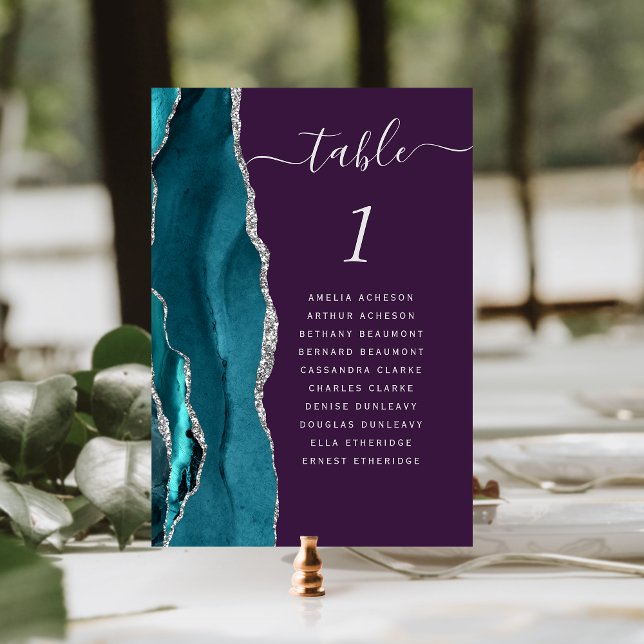 Teal Blue Silver Agate Purple Wedding Table Number (Creator Uploaded)