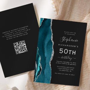 Teal Blue Silver Agate QR Code 50th Birthday Invitation