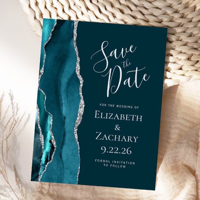 Teal Blue Silver Agate Save the Date Announcement Postcard (Creator Uploaded)