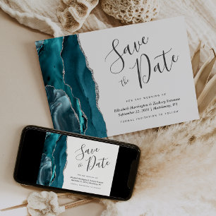 Teal Blue Silver Agate Save the Date Card