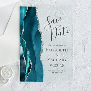 Teal Blue Silver Agate Save the Date Card Acrylic Invitations