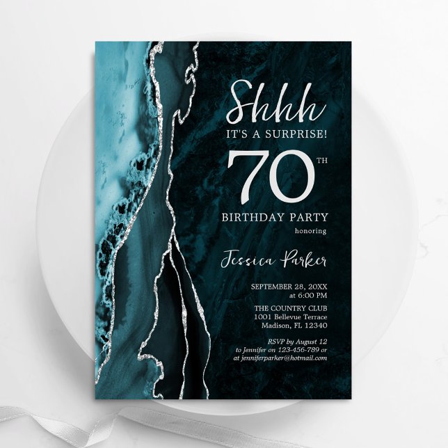 Teal Blue Silver Agate Surprise 70th Birthday Invitation (Creator Uploaded)