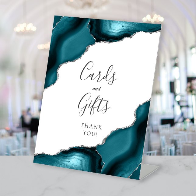 Teal Blue Silver Agate Wedding Cards & Gifts Pedestal Sign (Creator Uploaded)