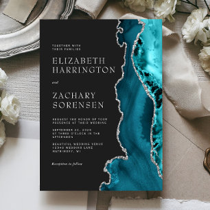 Teal Blue Silver Agate Wedding Invitation