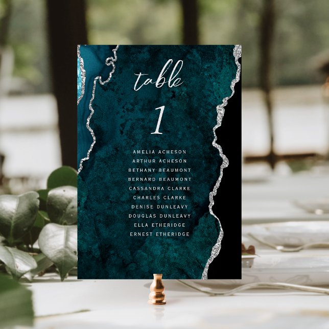 Teal Blue Silver Agate Wedding Table Number (Creator Uploaded)