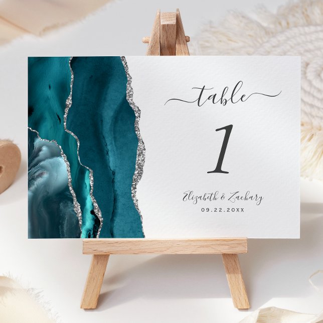 Teal Blue Silver Agate Wedding Table Number (Creator Uploaded)