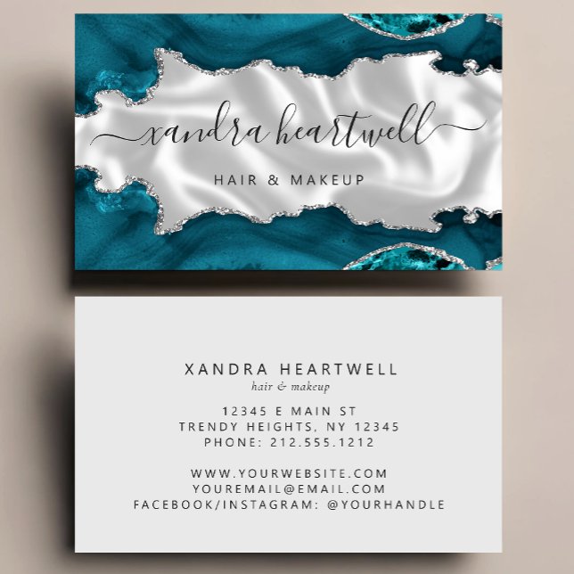 Teal Blue Silver Agate White Luxury Stylist Business Card (Creator Uploaded)