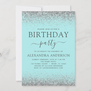 Teal Blue Silver Any Age Birthday Glitter Modern Invitation