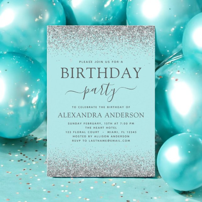 Teal Blue Silver Any Age Birthday Glitter Modern Invitation (Creator Uploaded)