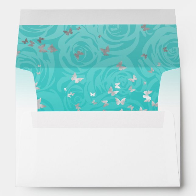 Teal Blue Silver Butterfly Crown Return Address Envelope (Back (Bottom))