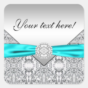 Teal Blue Silver Diamond Square Sticker