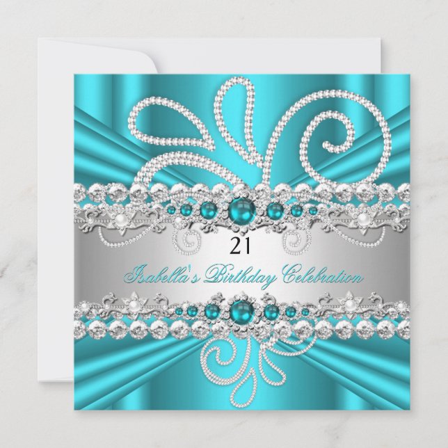 Teal Blue Silver Diamonds Pearl Birthday Party Invitation (Front)