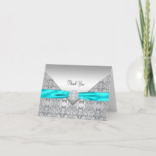 Teal Blue Silver Elegant Thank You Card